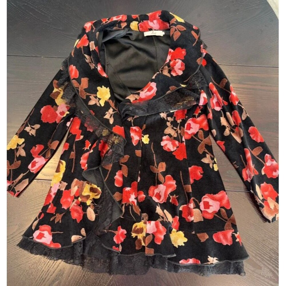 Vintage Rossi Roma Velvet Floral Lace-trimmed Cardigan Jacket Sz Small